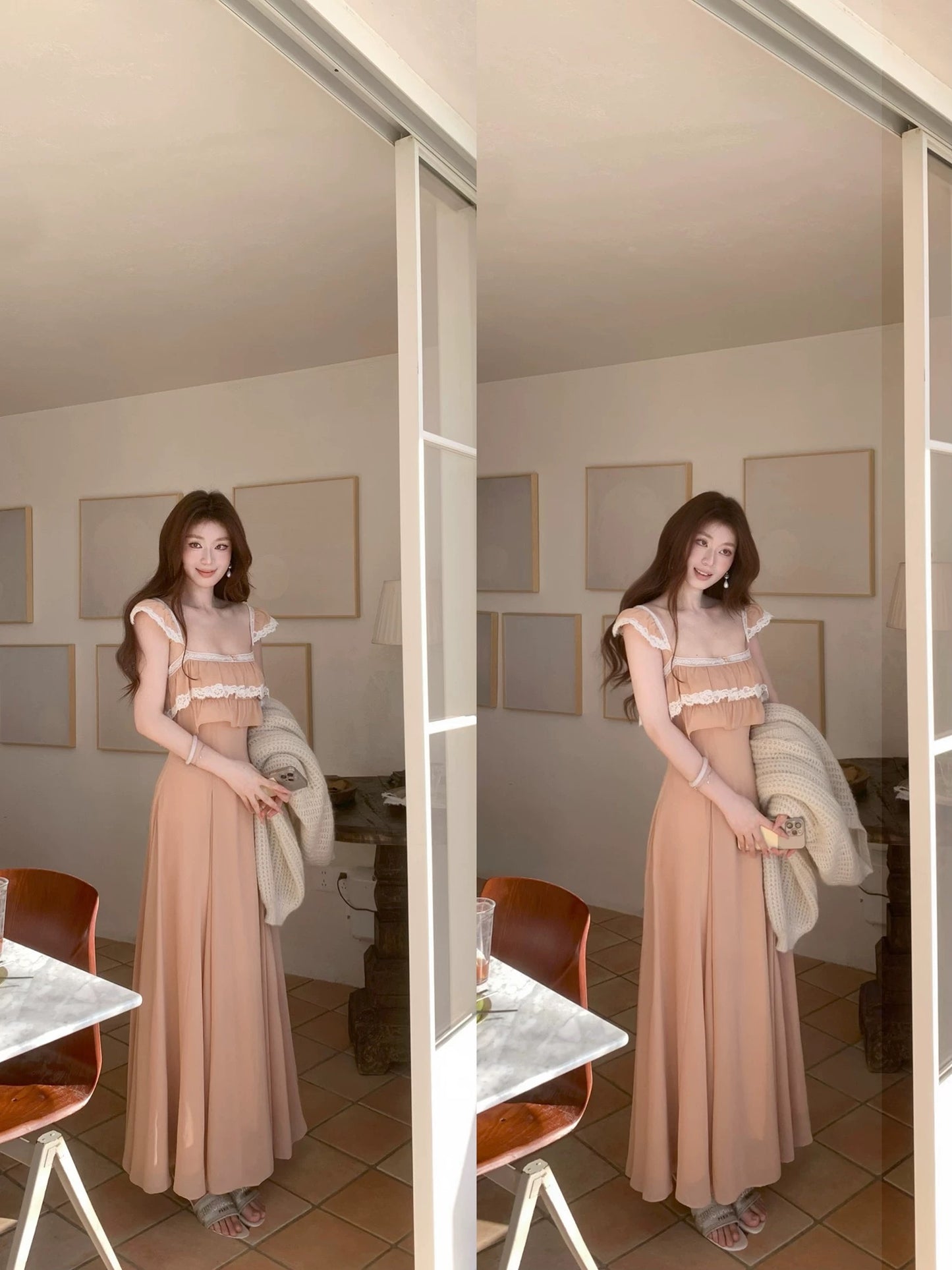 SYA Xi Xiaoxi Pink Lace French Ruffled Spaghetti Strap Dress Women's Spring Short Sleeve Vacation Style Long Dress