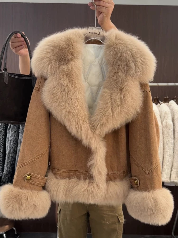 Imitation fox fur splicing warm jacket for women in autumn and winter, quilted and thickened for small people, fashionable, slim, young and fashionable