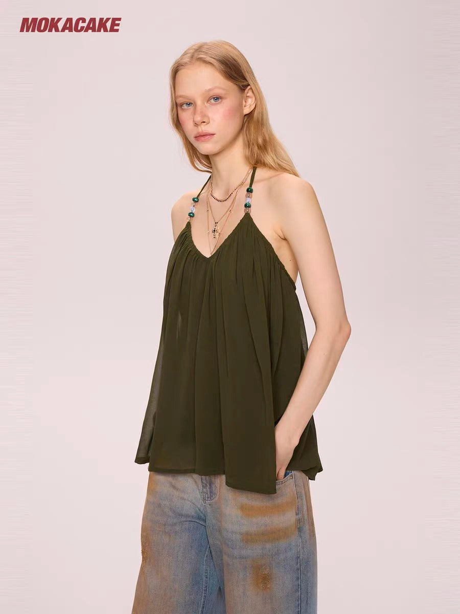 MOKACAKE Green V-neck halter neck backless mesh camisole top, a unique design for women's summer.