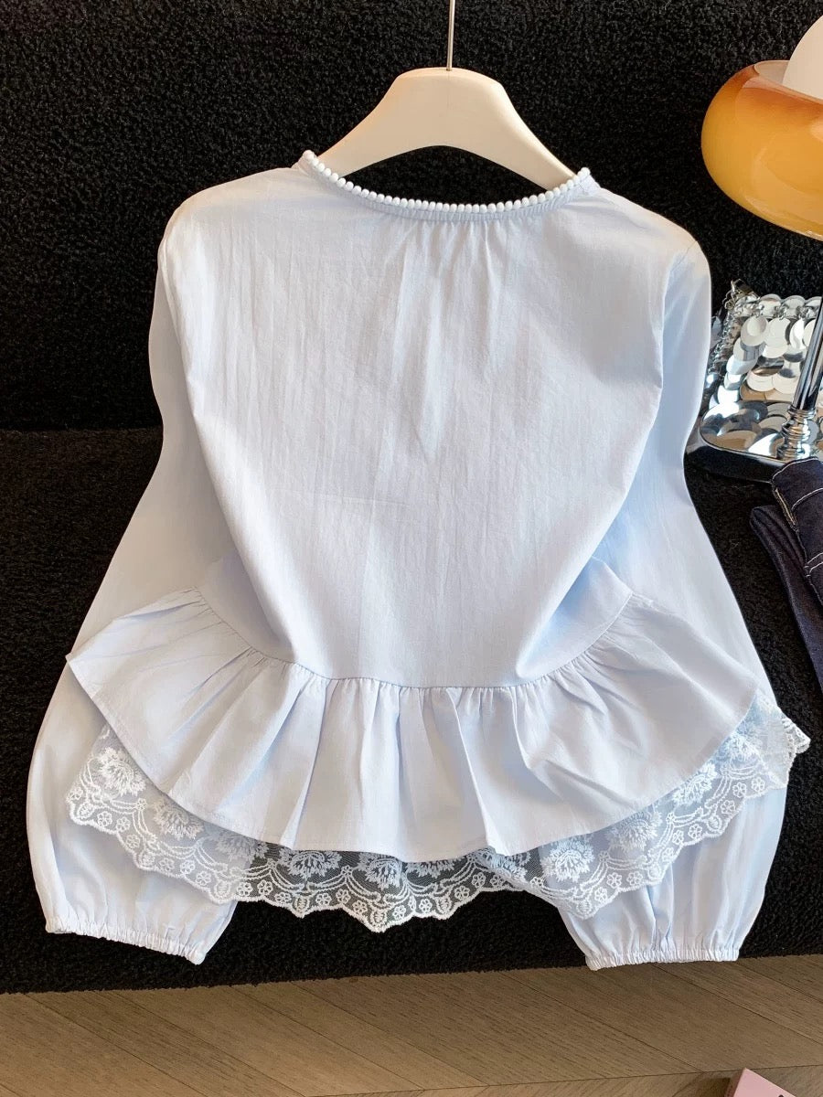 French-style sweet lace trim blue blouse for women, new spring 2026 style, chic ruffled hem long sleeve top