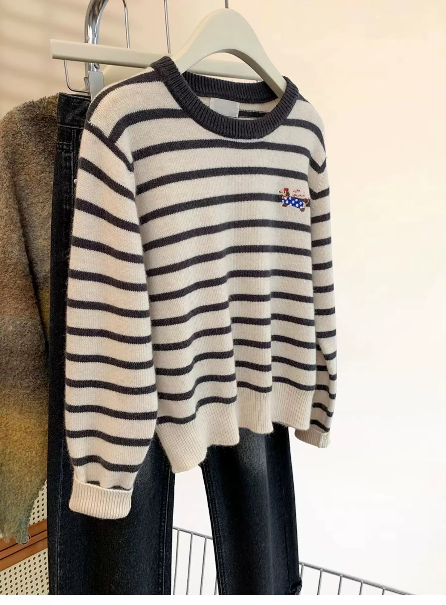Puppy Embroidered Striped Sweater Women Autumn and Winter 2025 New Style Inner Wear Outer Wear Loose Knitted Bottoming Shirt Winter Thickening