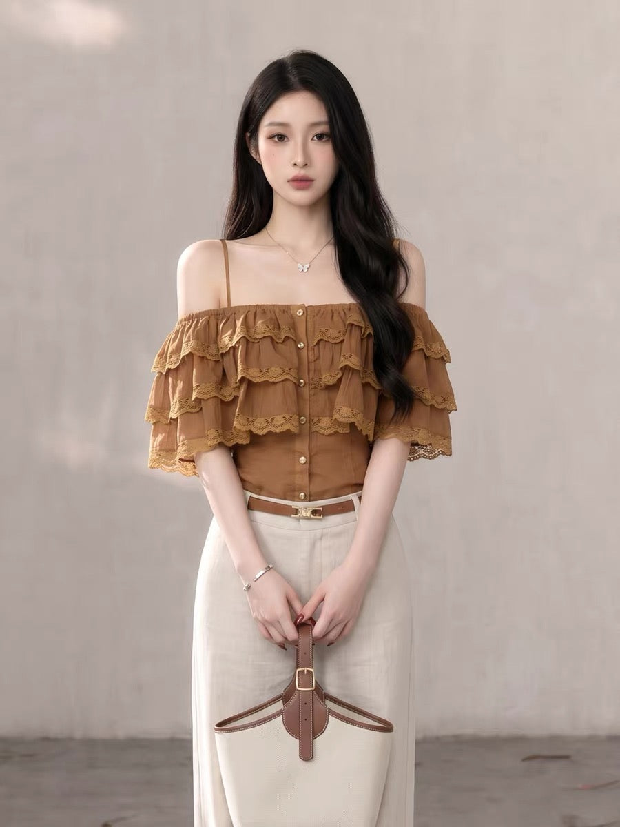 "Cheese Egg Tart" 2026 Summer New Sweet and Temperament Lace Waist-cinching Off-Shoulder Top for Women