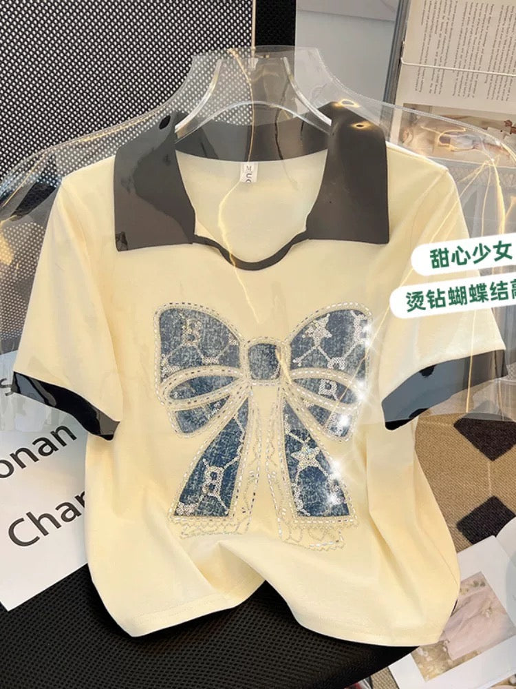Clearance sale~ Withdrawal of foreign trade Summer contrast color Polo collar short-sleeved T-shirt women's heavy bow hot diamond top trend