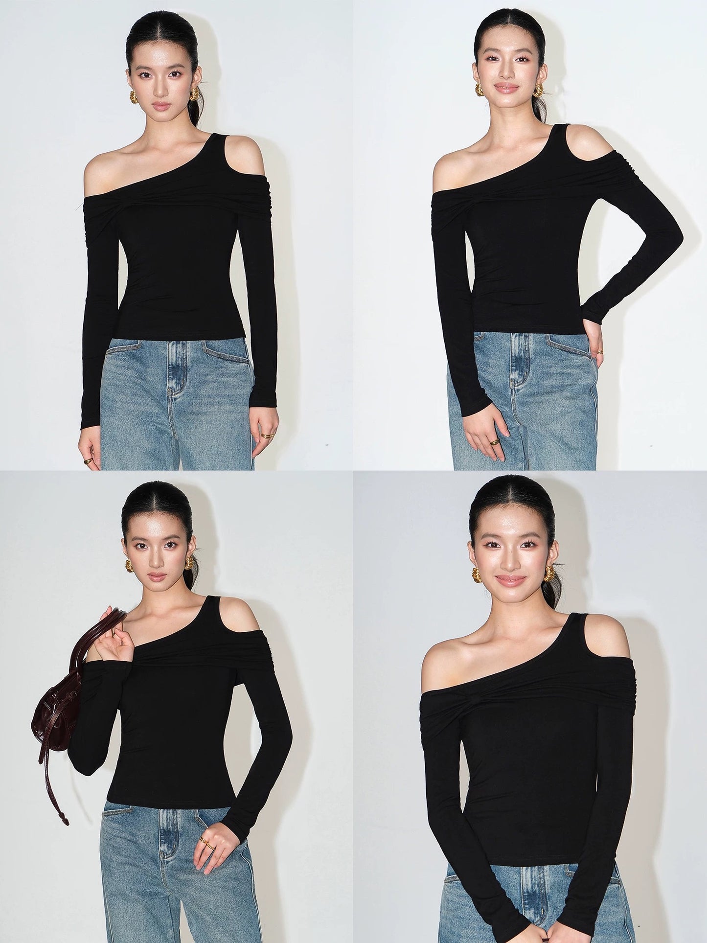 NEVA HU design one-shoulder sweater women's long-sleeved slanted shoulder bottoming shirt niche slim off-shoulder top