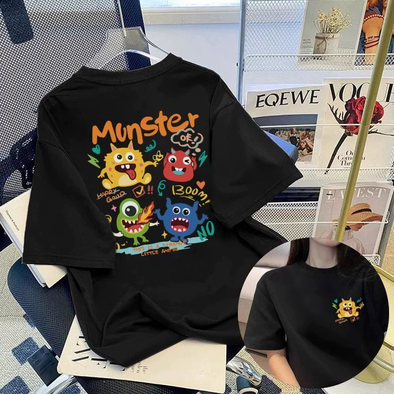 White cartoon round neck short-sleeved t-shirt for women summer 2024 new large size t-shirt loose slimming mid-length top