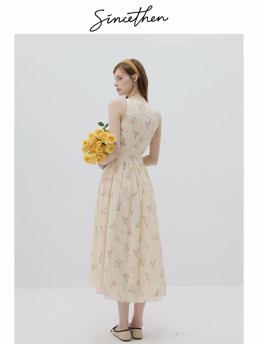 Sincethen French retro style floral print sundress, elegant long dress, apricot color, women's summer dress