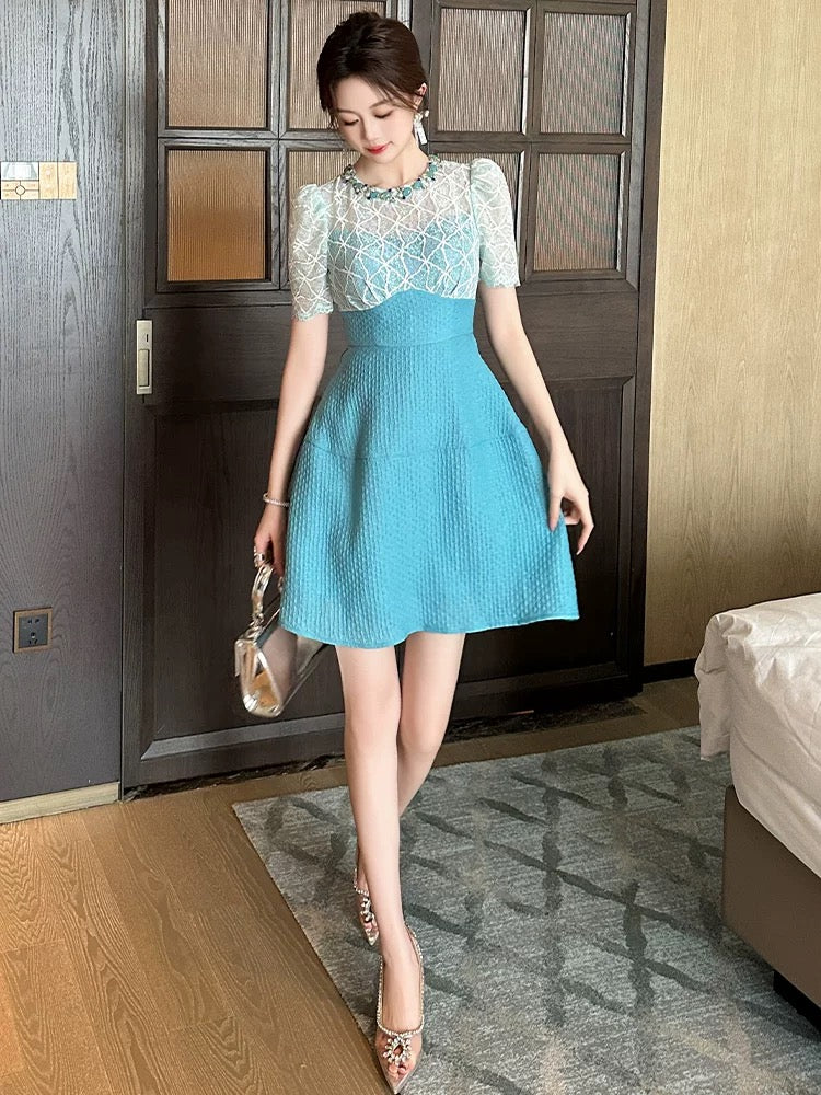 European station a-line dress for women summer 2024 new style waist slimming dignified and elegant small light luxury short skirt