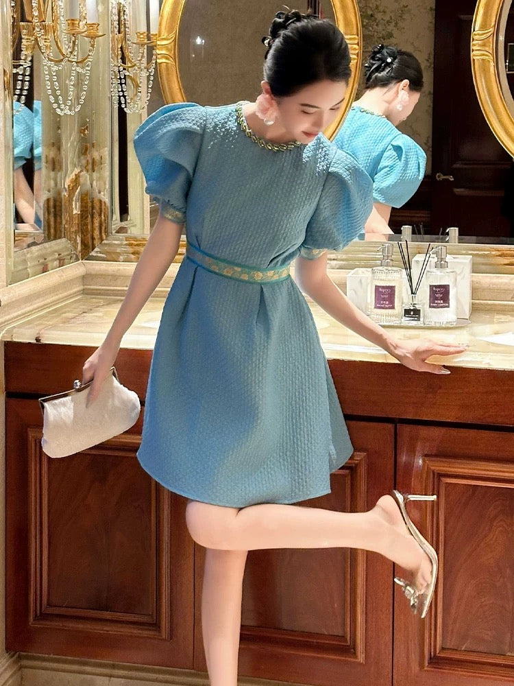 European station puff sleeve dress summer women's blue high-end light luxury French temperament birthday dress short skirt