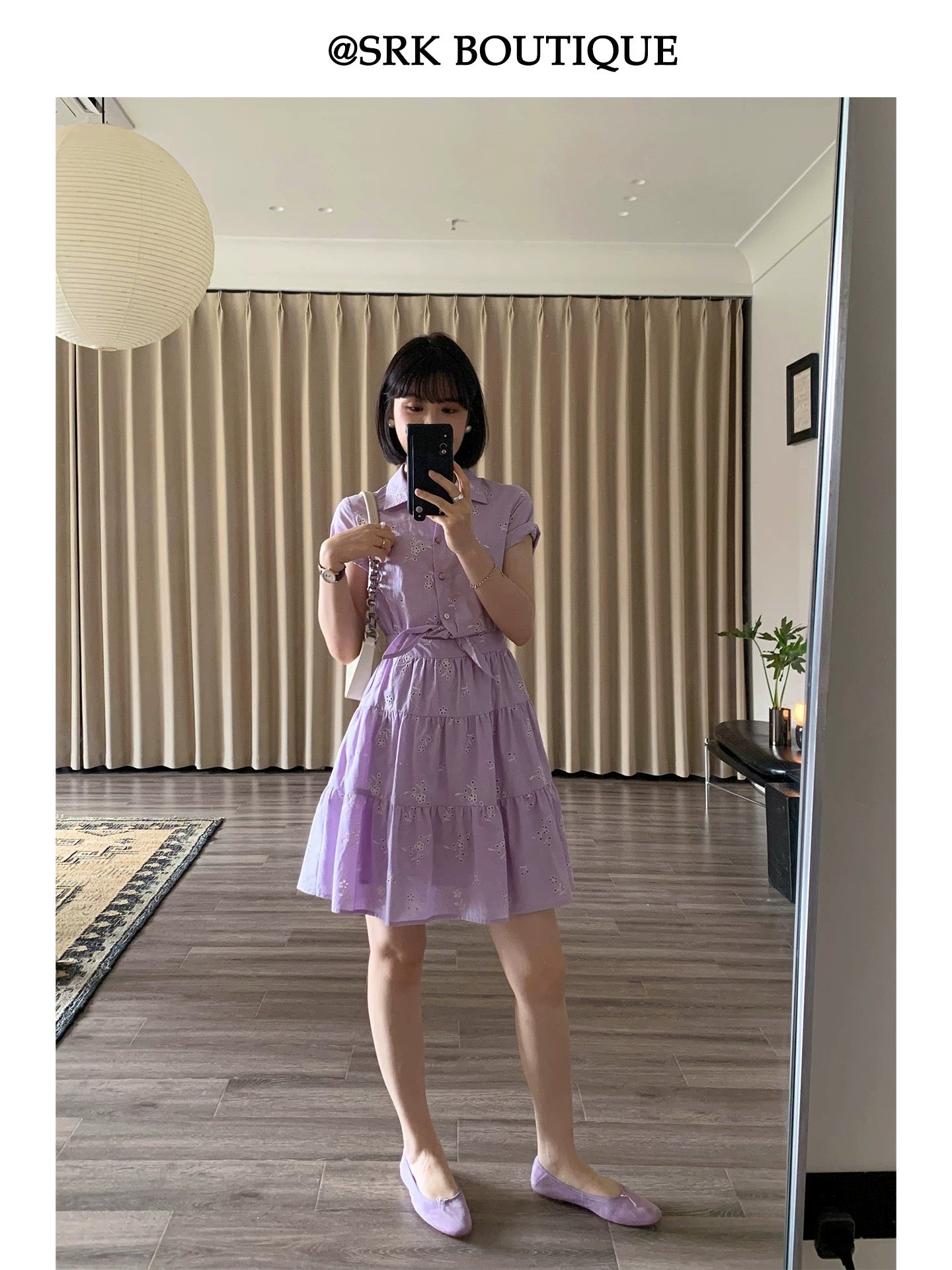 SRK French Embroidered Dress: Gentle V-neck, elegant, high-waisted, slimming A-line casual short shirt dress.