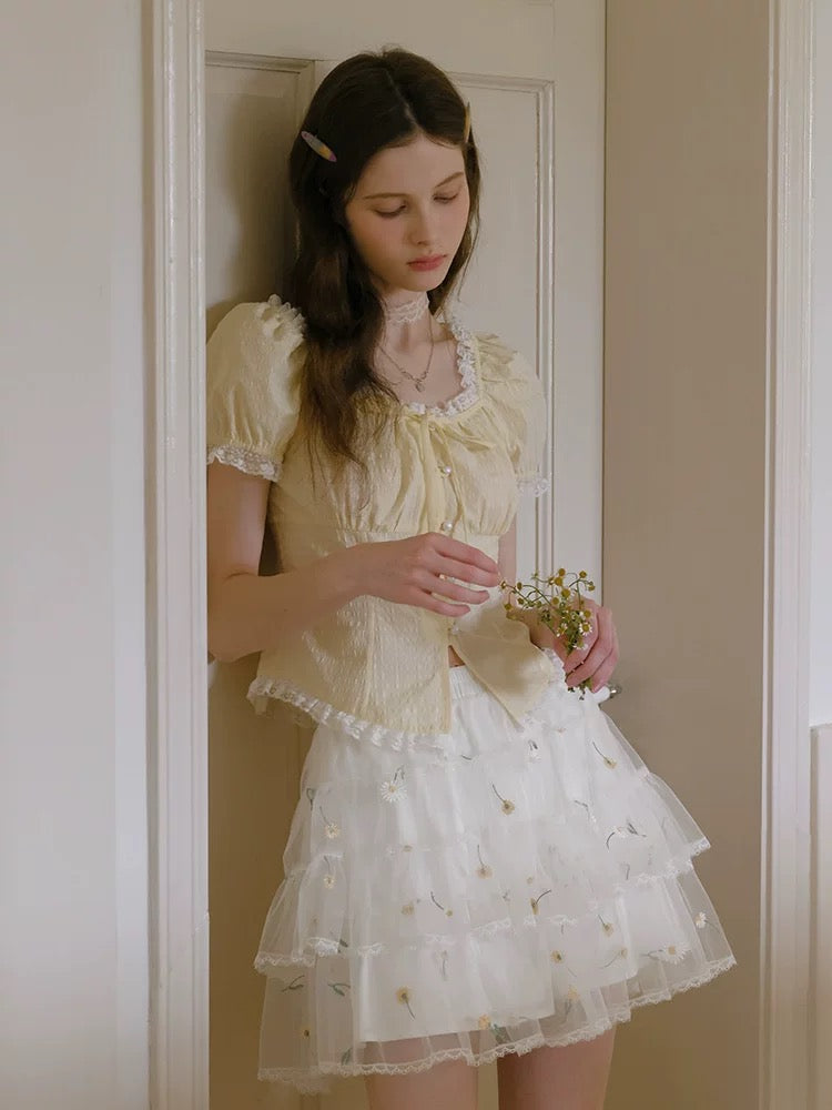 ISISLOVE Summer Pure Desire Creamy Yellow Babydoll Top with Lace Trim Waist-cinching Design - French Style Shirt for Women