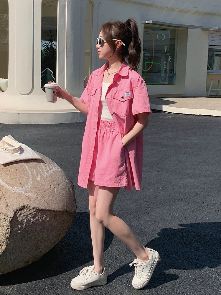 Pink shirt suit for women 2024 summer new dopamine outfit fashionable casual petite shorts two-piece set