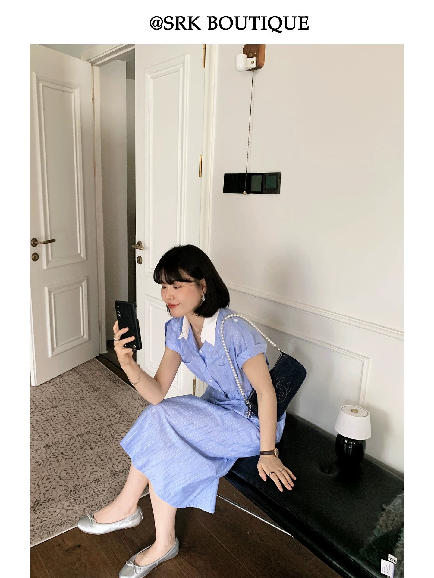 SRK French-style work shirt dress, refreshing blue stripes, elegant and sophisticated, slimming and flattering new style.