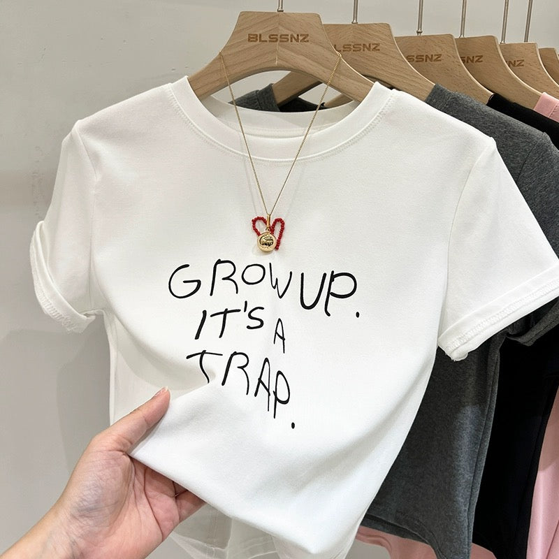 Gray love letters printed right shoulder short-sleeved T-shirt for women summer 2024 new style pure cotton round neck short top trendy