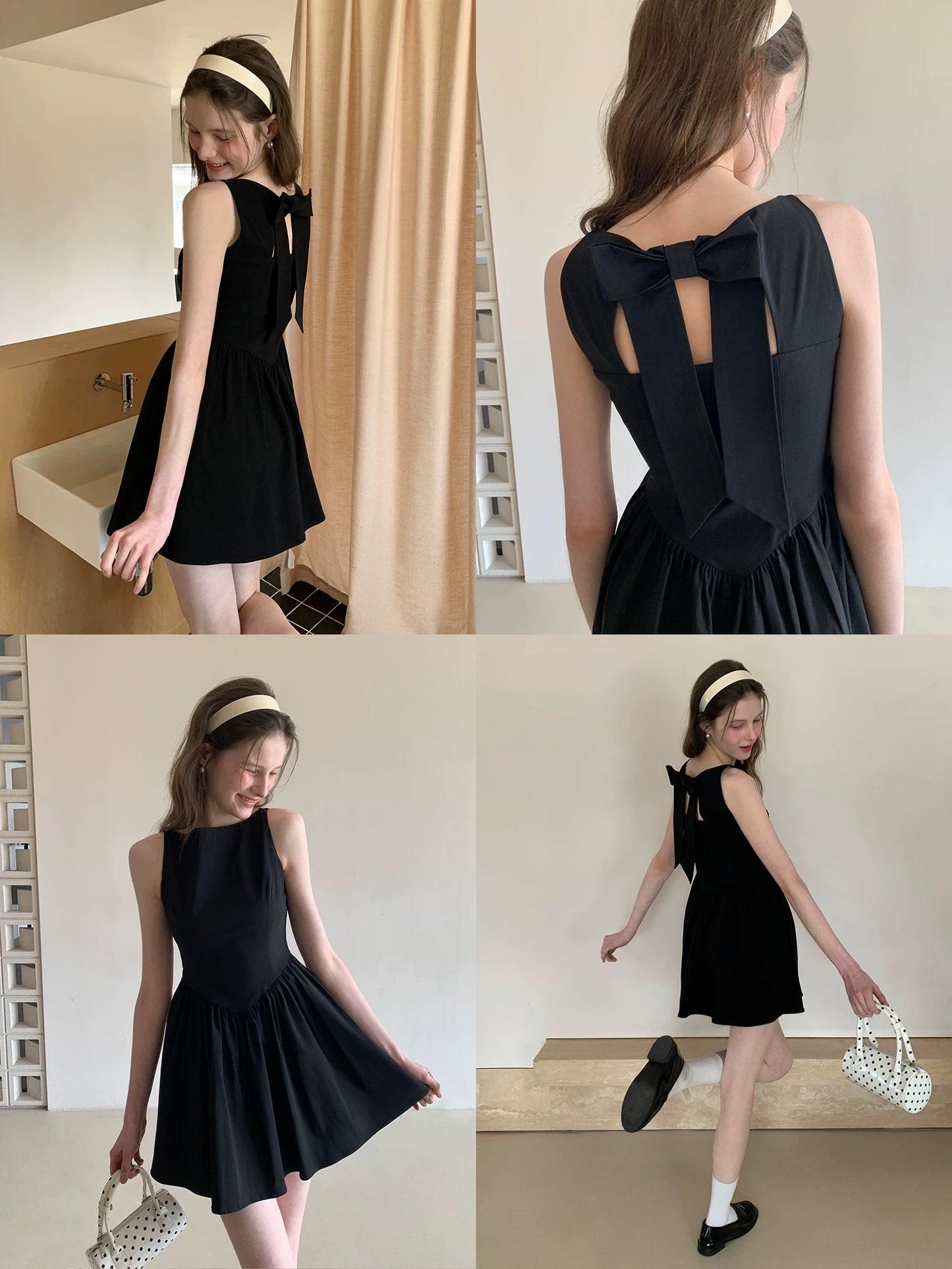EGGKA Backless Bow Sleeveless Little Black Dress for Women, Summer Ballet Style, Elegant and Slimming A-line Skirt