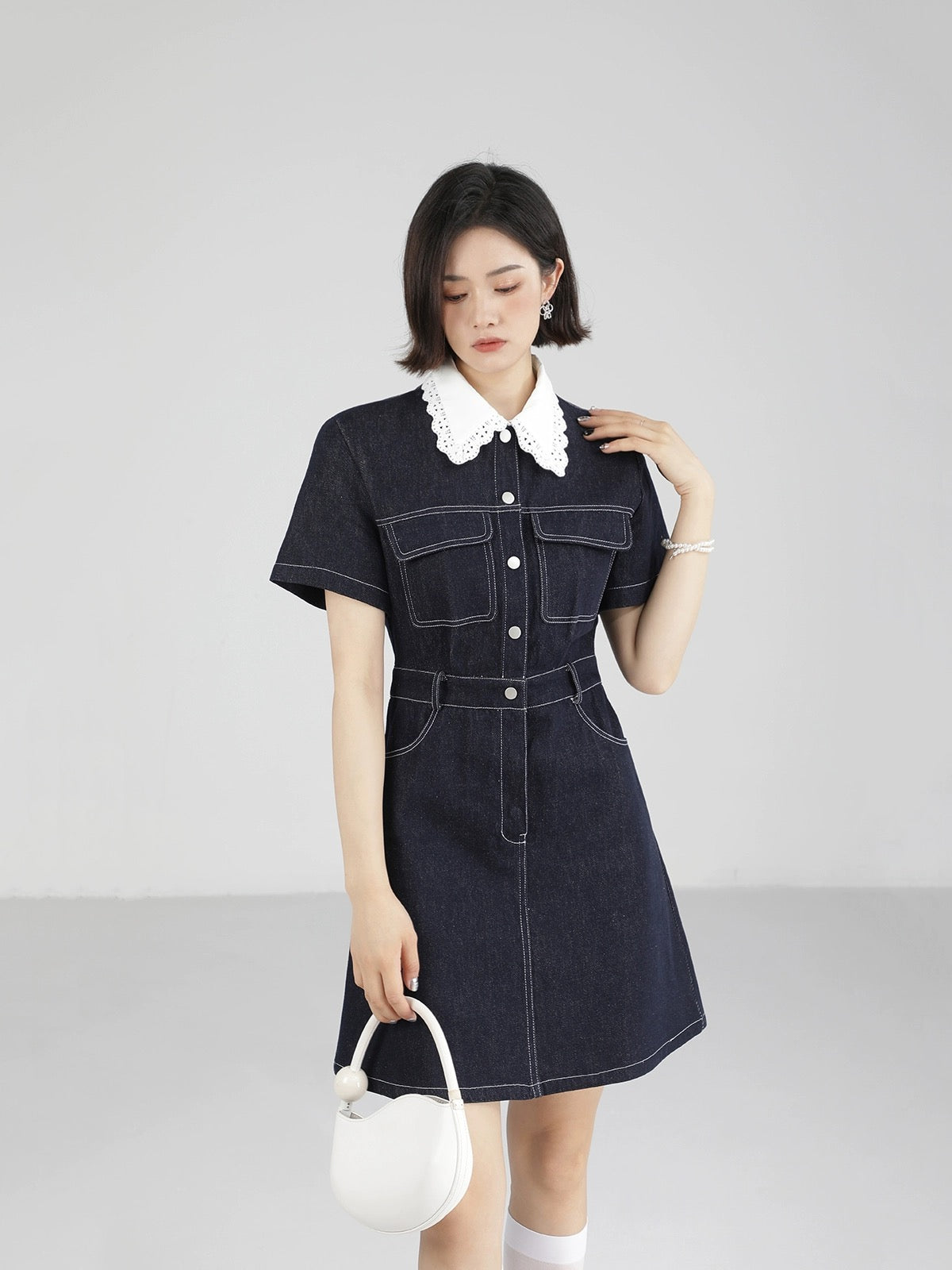 XinmonLee Hong Kong style retro chic denim dress women's new summer design waist slimming skirt