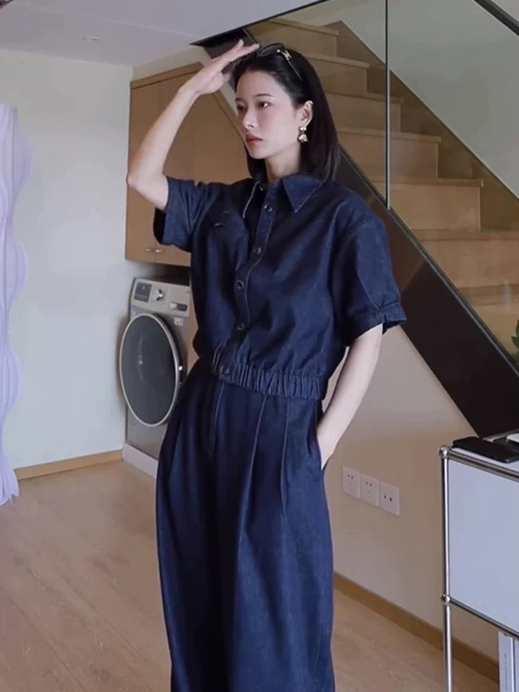 Powerful aura women's high-end tops that hit the streets and Internet celebrities hit high-street style denim wide-leg pants suits for women in summer