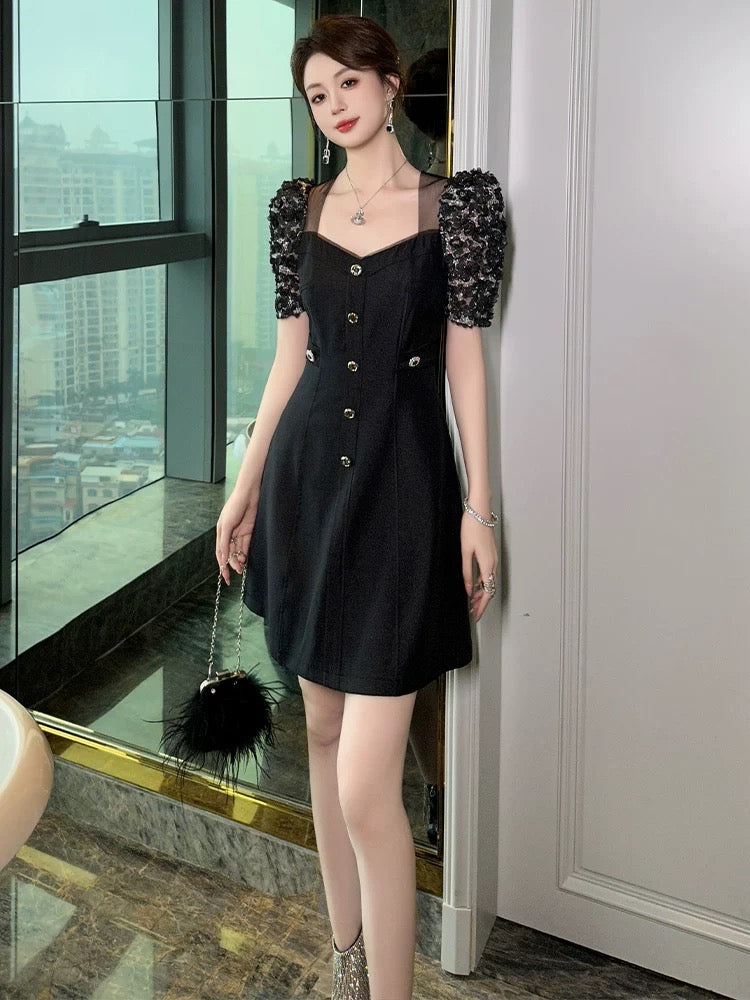 European station square neck dress women's new summer style small light luxury temperament simple and elegant waist A-line short skirt