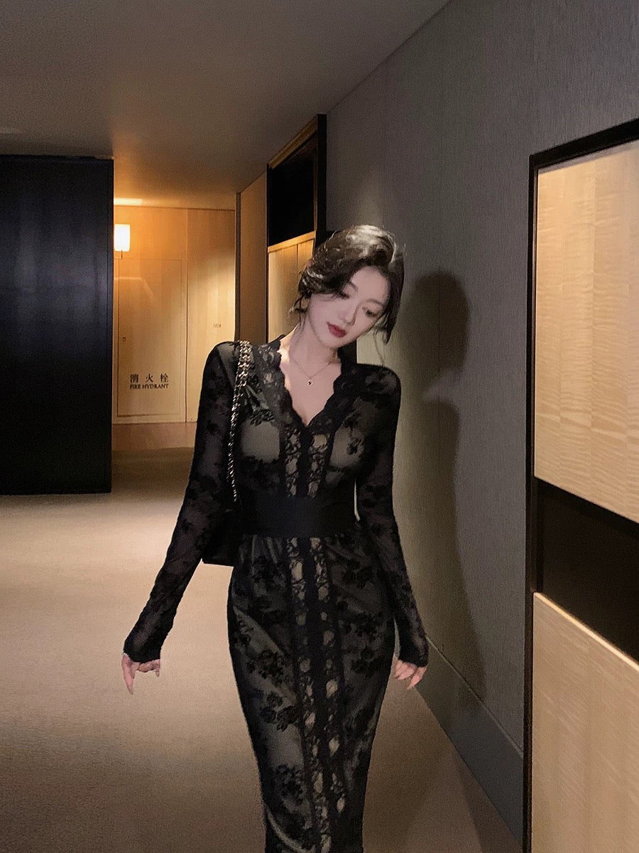 Lin Guanguan French sexy black lace dress, hip-covering skirt, beautif –  Lee Nhi Boutique
