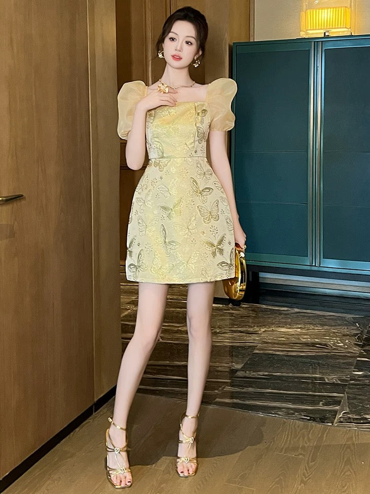 European big-name high-end dress for women in summer with square collar for celebrities, petite, light luxury, high-end, waist-cinching A-line skirt