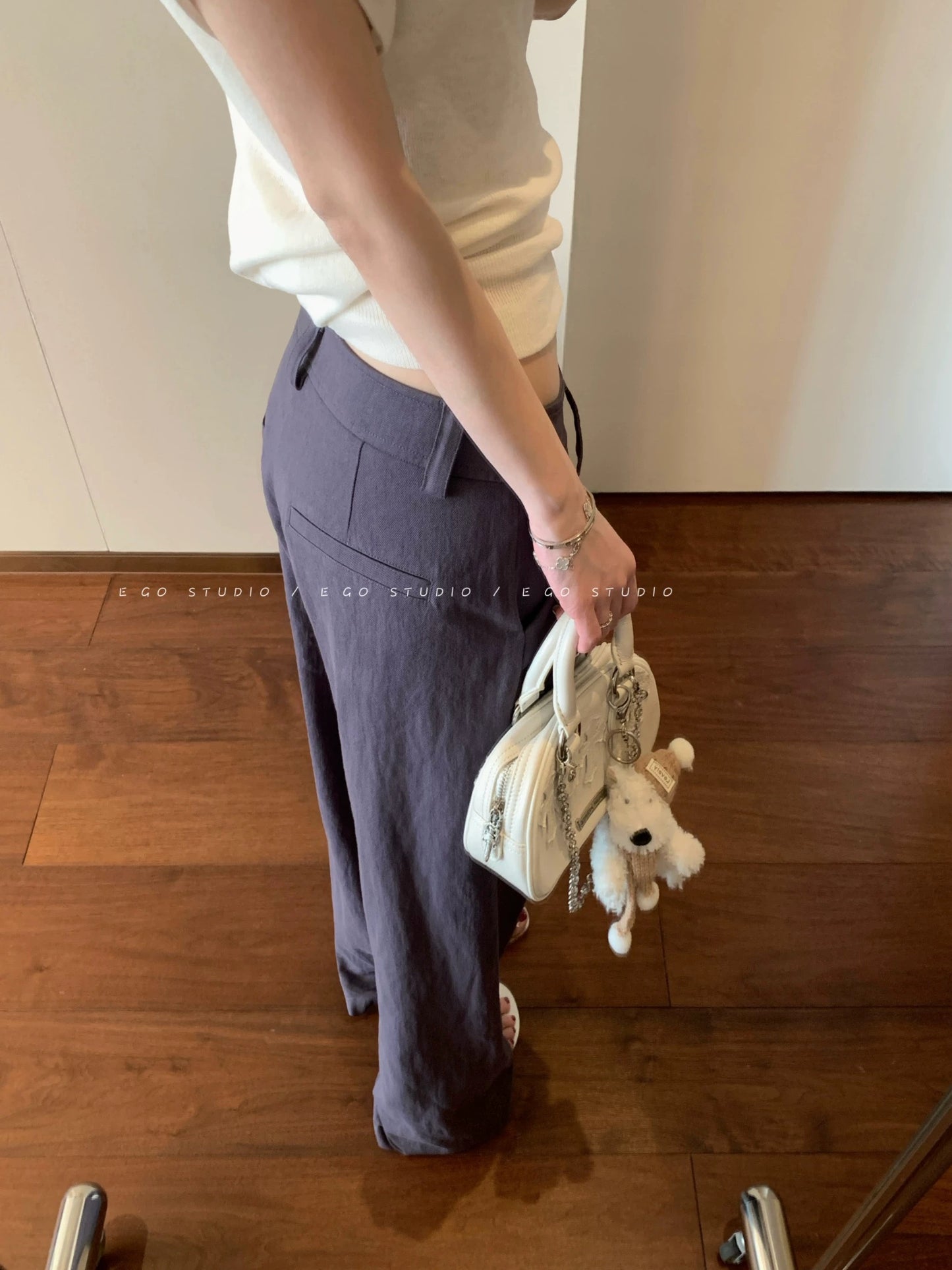 e go studio Tencel linen cotton low-rise handmade diagonal pleated casual trousers minimalist high-end straight leg trousers