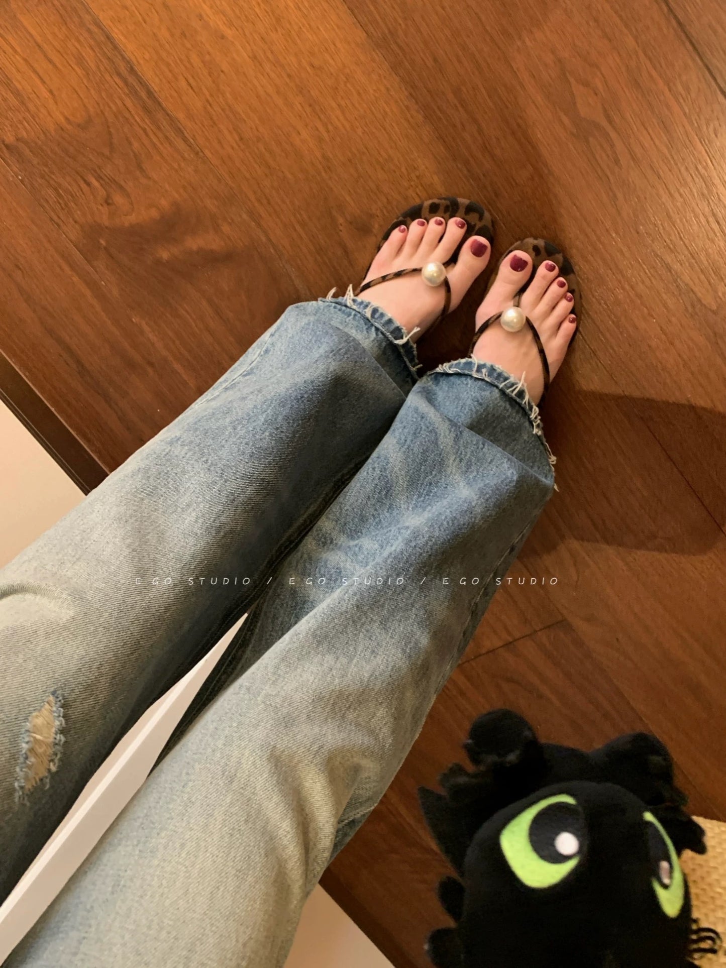 e go studio Blue Washed Distressed Straight Leg Mid-Rise Jeans for Women - Stylish, Casual, and Versatile Long Pants