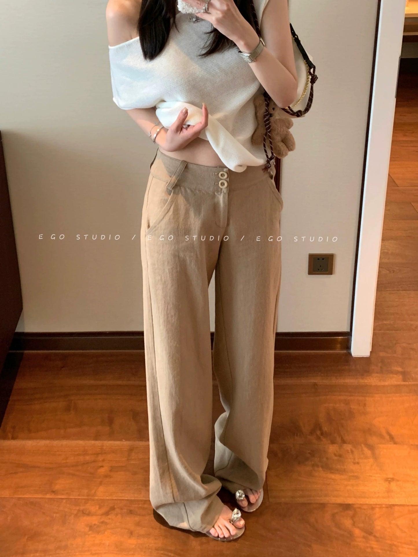 e go studio Women's mid-to-low waist casual pants in Tencel linen cotton, thin, simple, versatile and stylish long pants for summer.