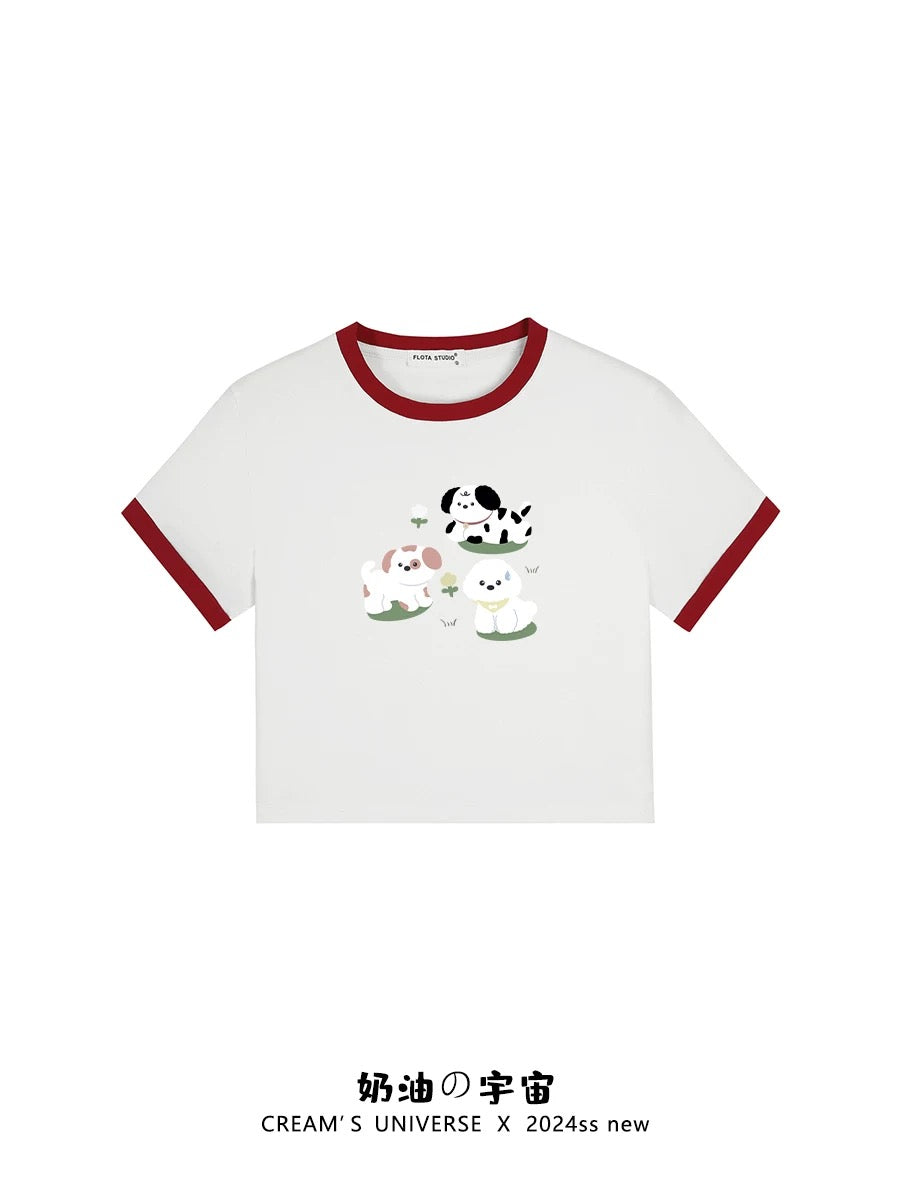 Cream Universe Cute Dog Color Matching Short Sleeve T-shirt Female Sweet Girl Slim Shoulder Top Summer New Style