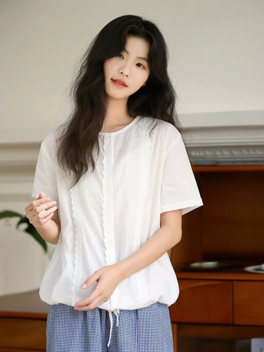 Small fresh Korean style white short-sleeved shirt women's summer thin Japanese style casual loose shirt hem drawstring top