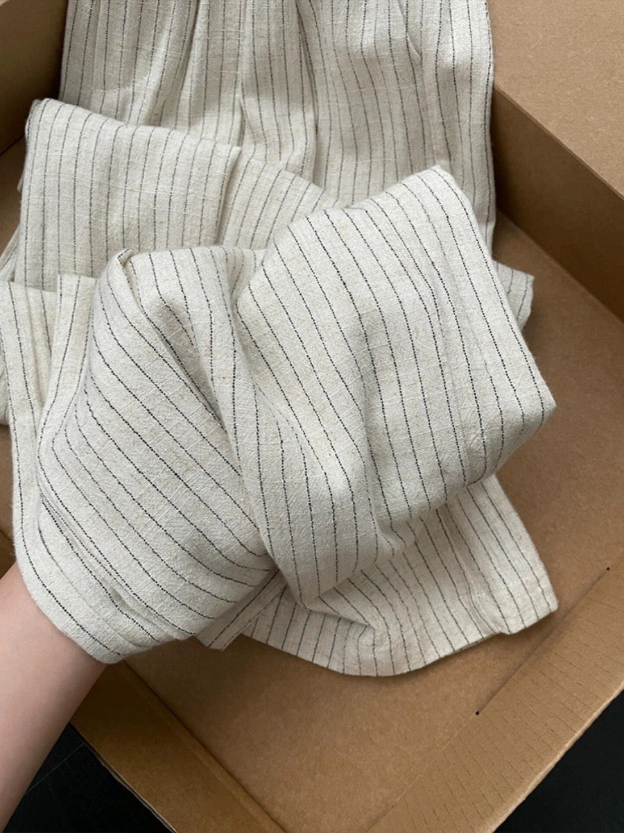 Treasure pants, super slimming! Love it~ Cotton and linen striped casual pants, elastic waist, high waist, linen wide leg pants