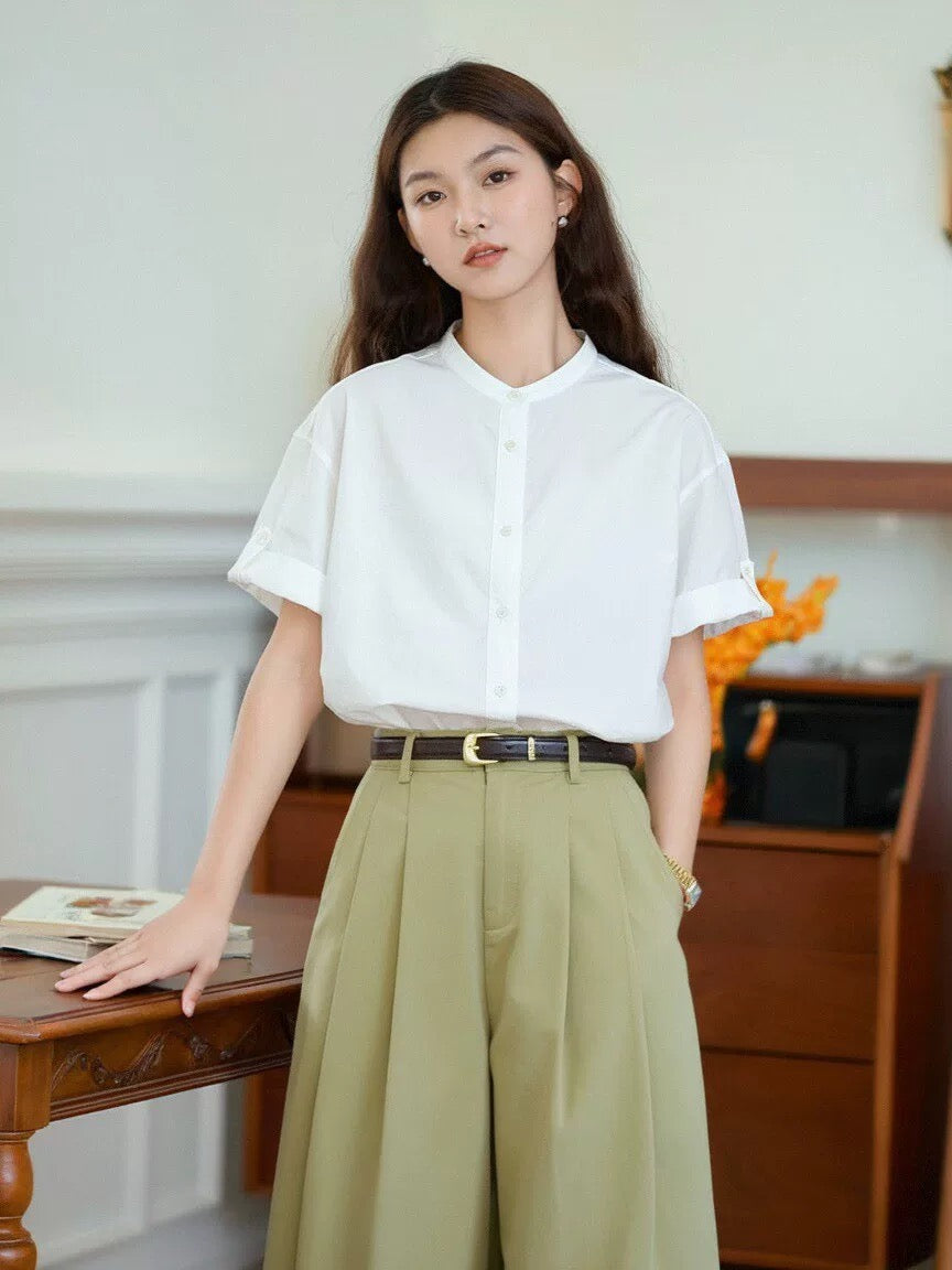 Small fresh Korean style simple versatile short-sleeved shirt women's summer thin Japanese style loose casual round neck shirt tops