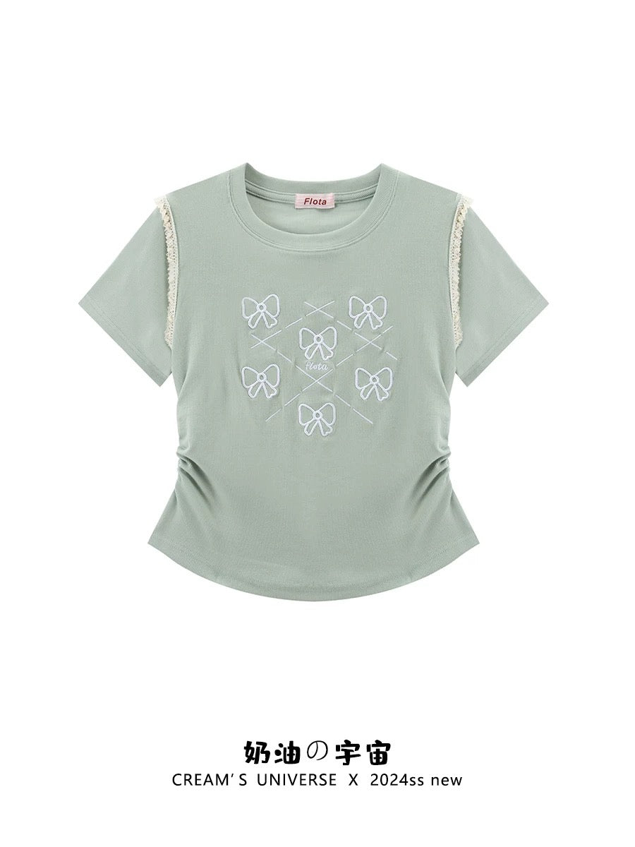 Cream Universe Embroidered Bow Lace Purple Right Shoulder Short Sleeve T-Shirt Women's Short Short Top New Style