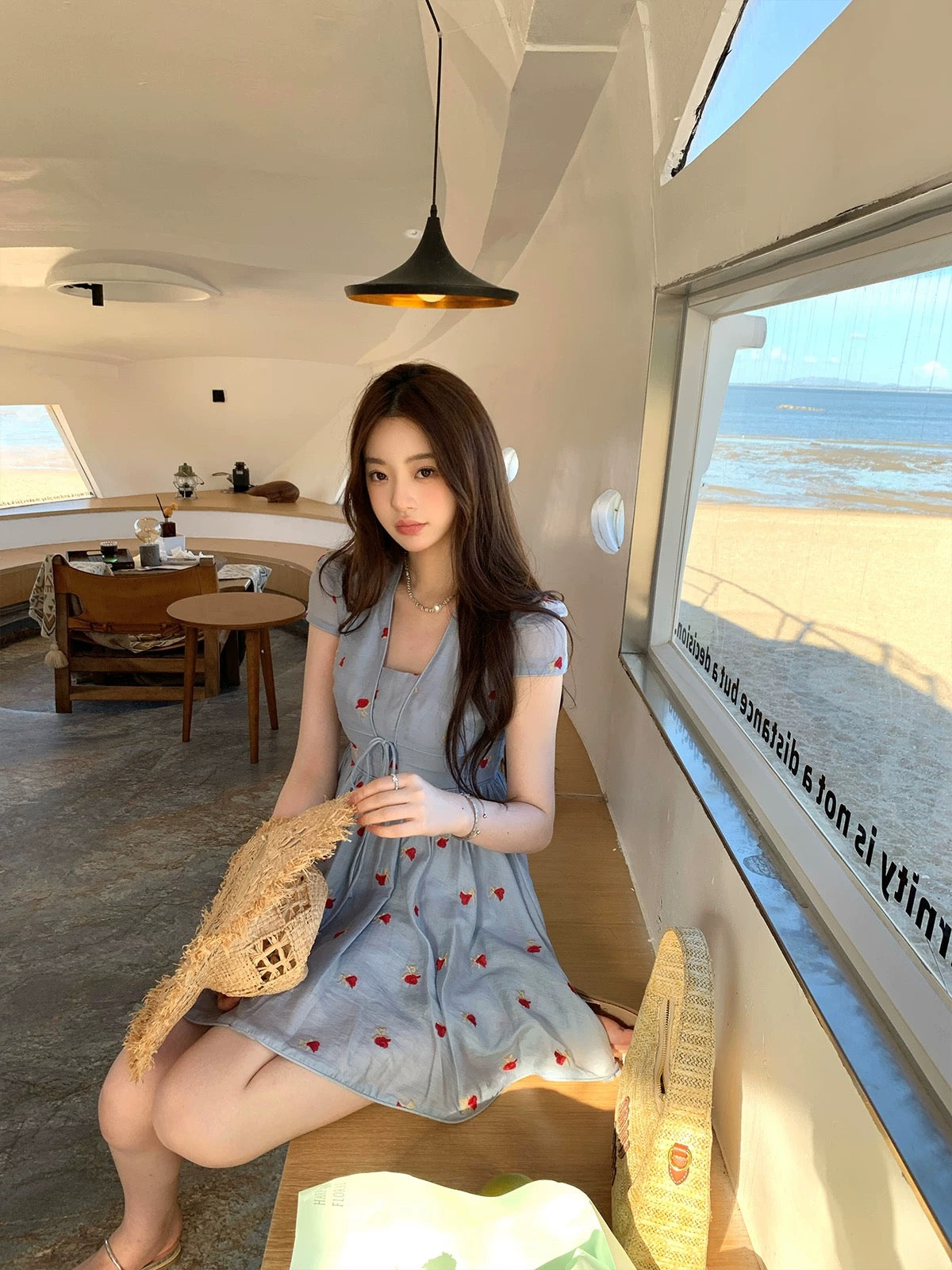 thepeachofficial【Galaxy Dream】Blue Floral Square Neck Dress/Short Skirt for Women, Summer Design