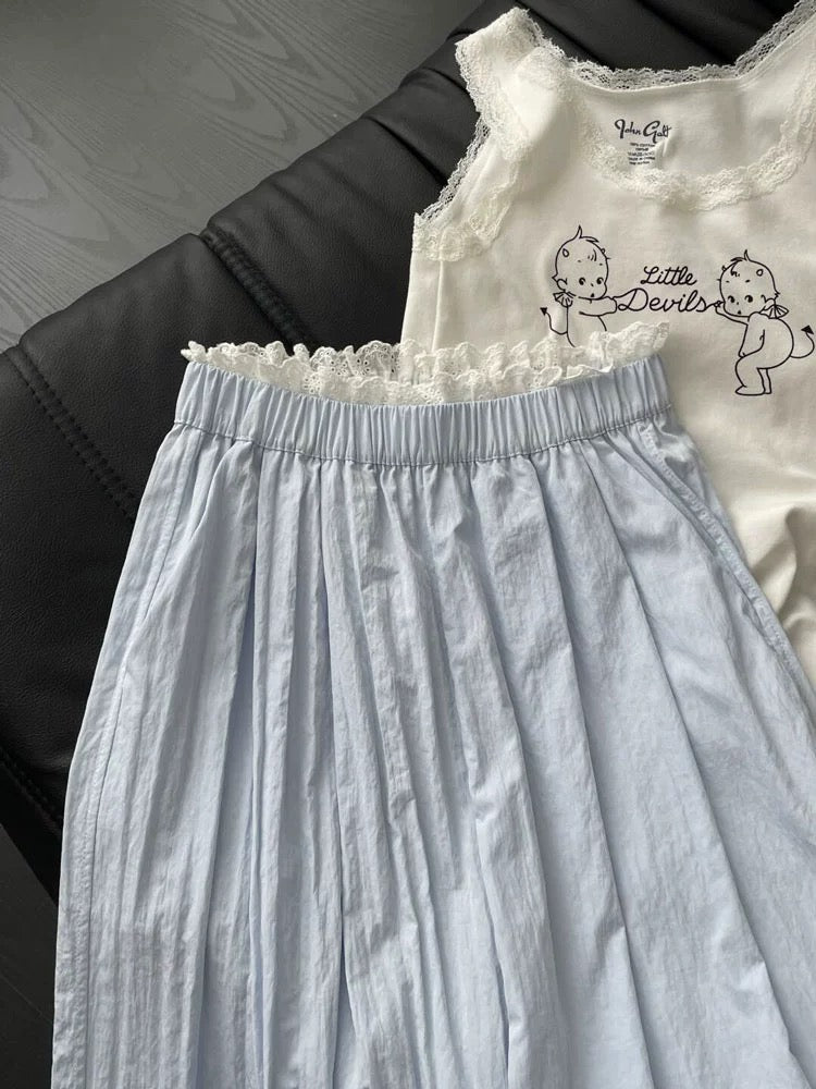 Korean style sweet lace blue casual pants for women summer loose straight casual wide leg walking pants