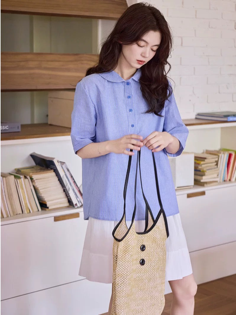 Japanese casual versatile doll collar striped shirt women's summer new loose shirt sweet age-reducing temperament top