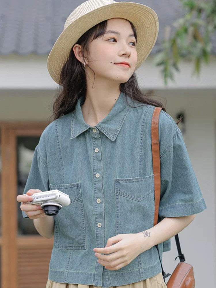 Retro Hong Kong style simple literary casual denim short-sleeved shirt women's summer new loose slim cardigan top trend