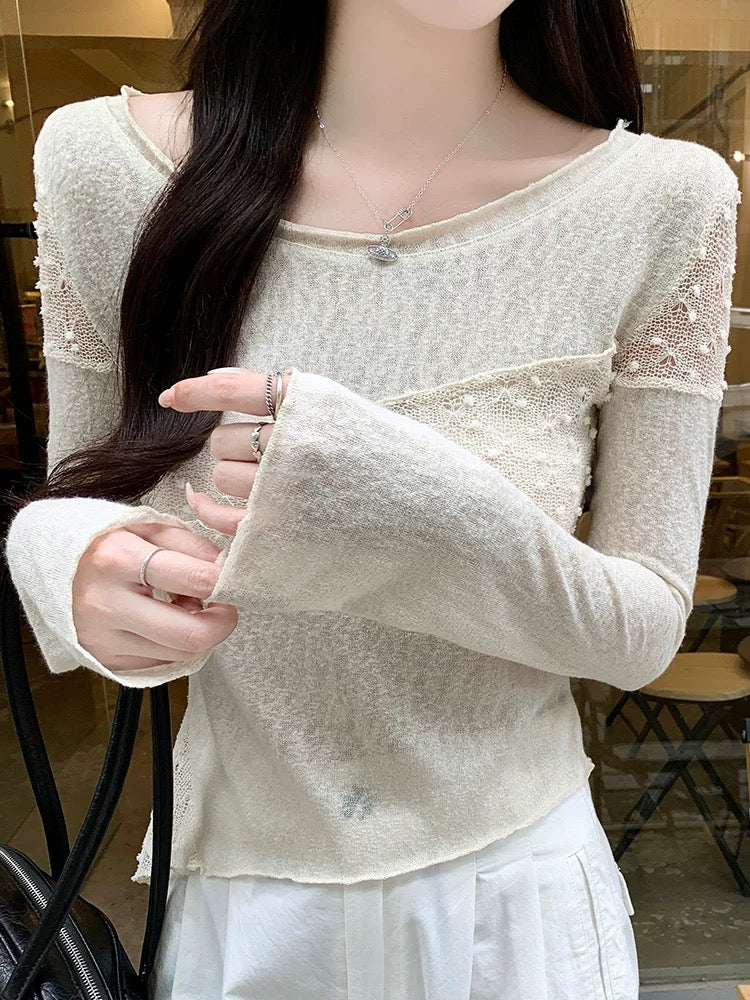 Lace splicing long-sleeved T-shirt for women in autumn and winter design niche irregular short top bottoming shirt for women