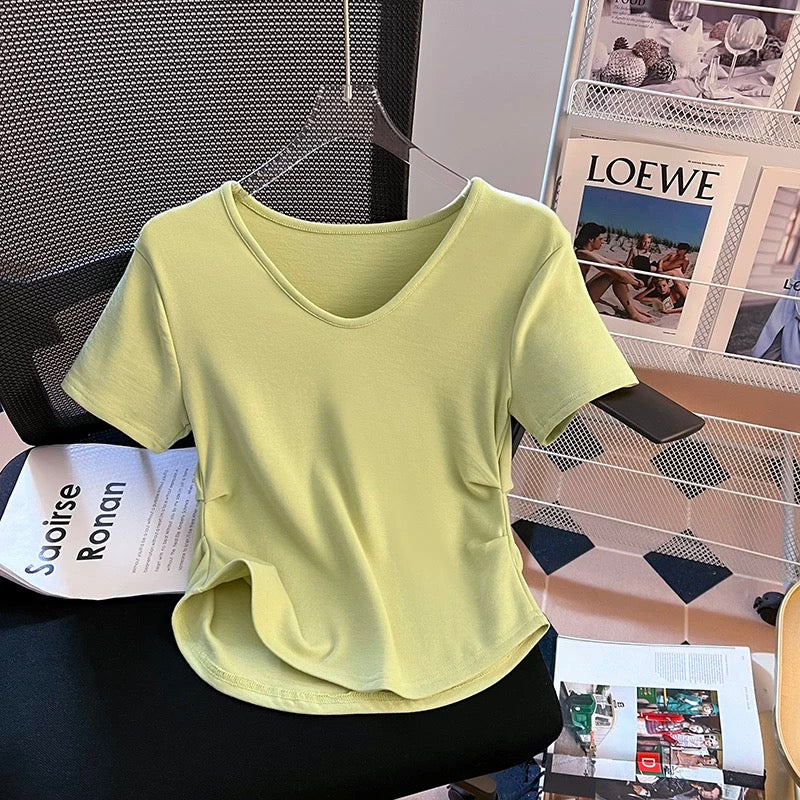 Irregular curved hem short-sleeved T-shirt for women summer 2024 new style pinch waist design waist short v-neck top