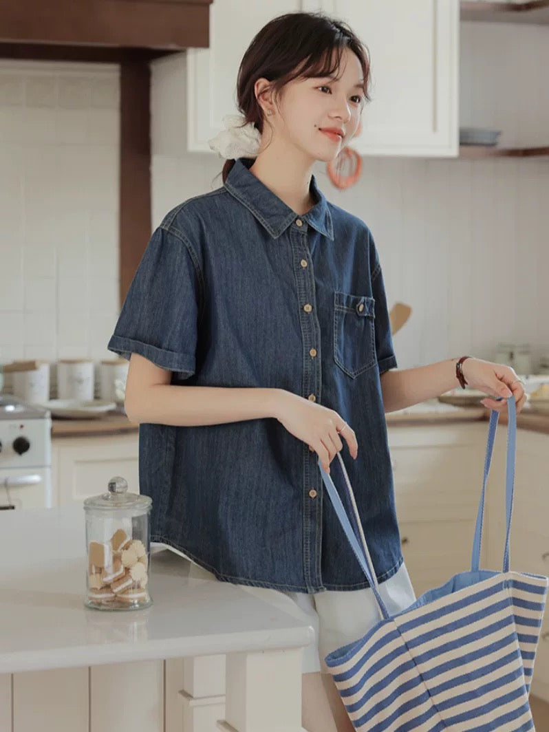Korean retro casual loose denim short-sleeved shirt for women summer new style small fresh lapel top temperament shirt