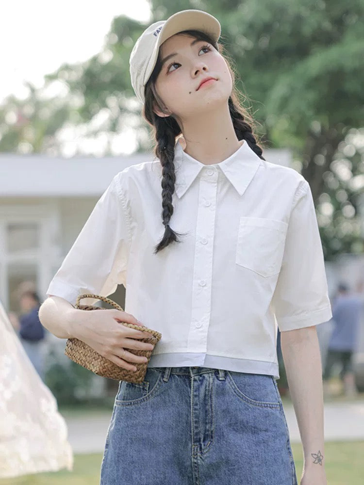 Simple design, niche contrast hem, chic tops for women, new summer short high waist shirts, temperament shirts
