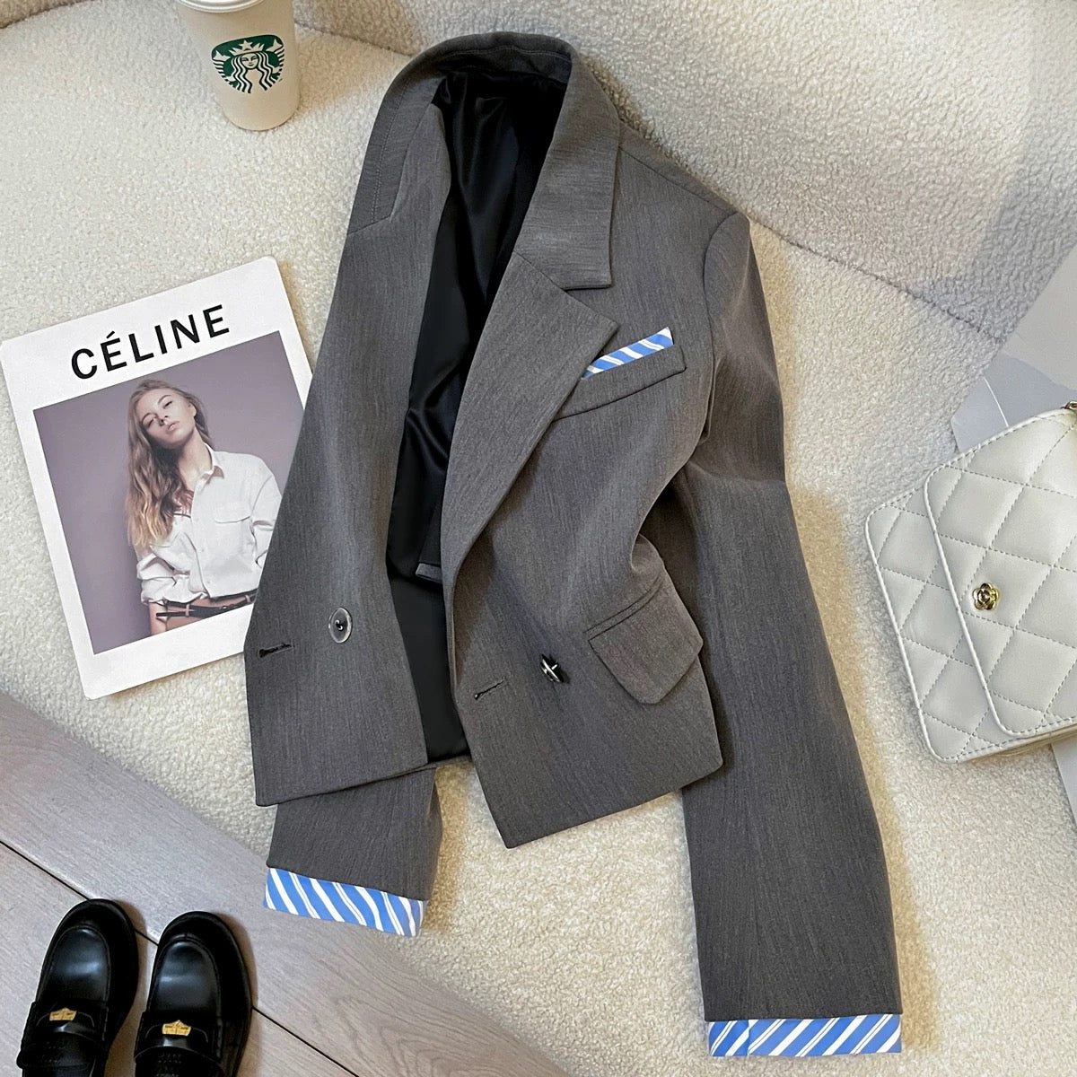Gray contrasting color design suit jacket for women 2025 spring and autumn new style college style casual trend all-match suit