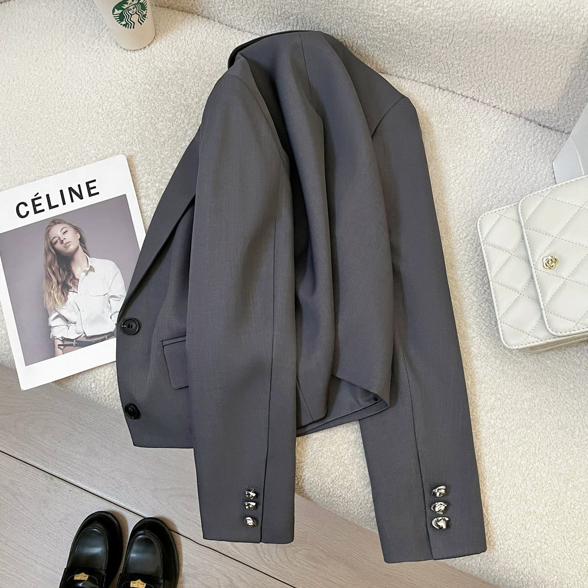 Blue-gray retro casual suit jacket for women, short style, 2025 autumn new style, high-end commuter suit