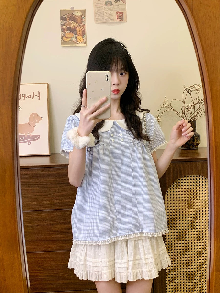Cream Universe Blue Plaid Lace Doll Shirt Short Sleeve T-shirt Female Sweet Girl Age Reducing Puff Sleeve Top New Style