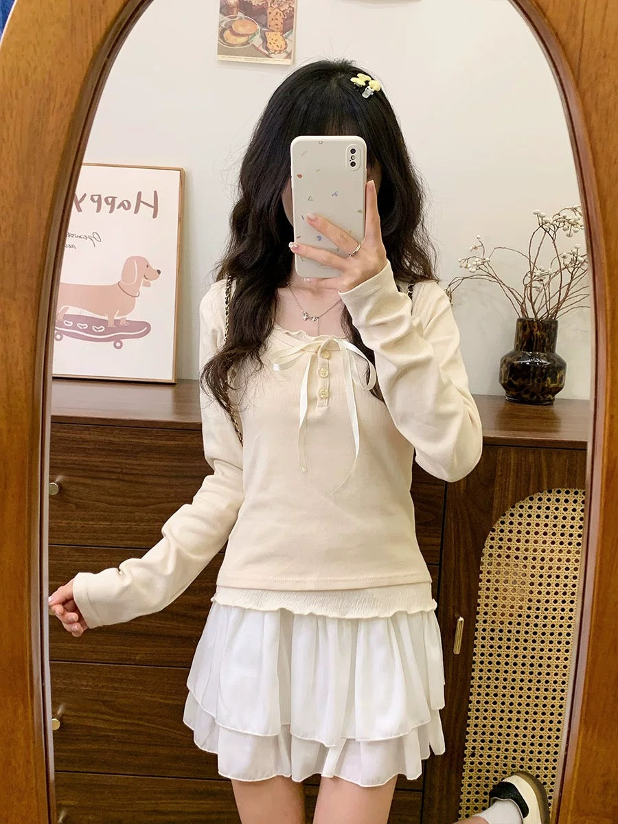 Cream Universe Bow fake two-piece apricot bottoming long-sleeved T-shirt women's sweet and gentle knitted top new style