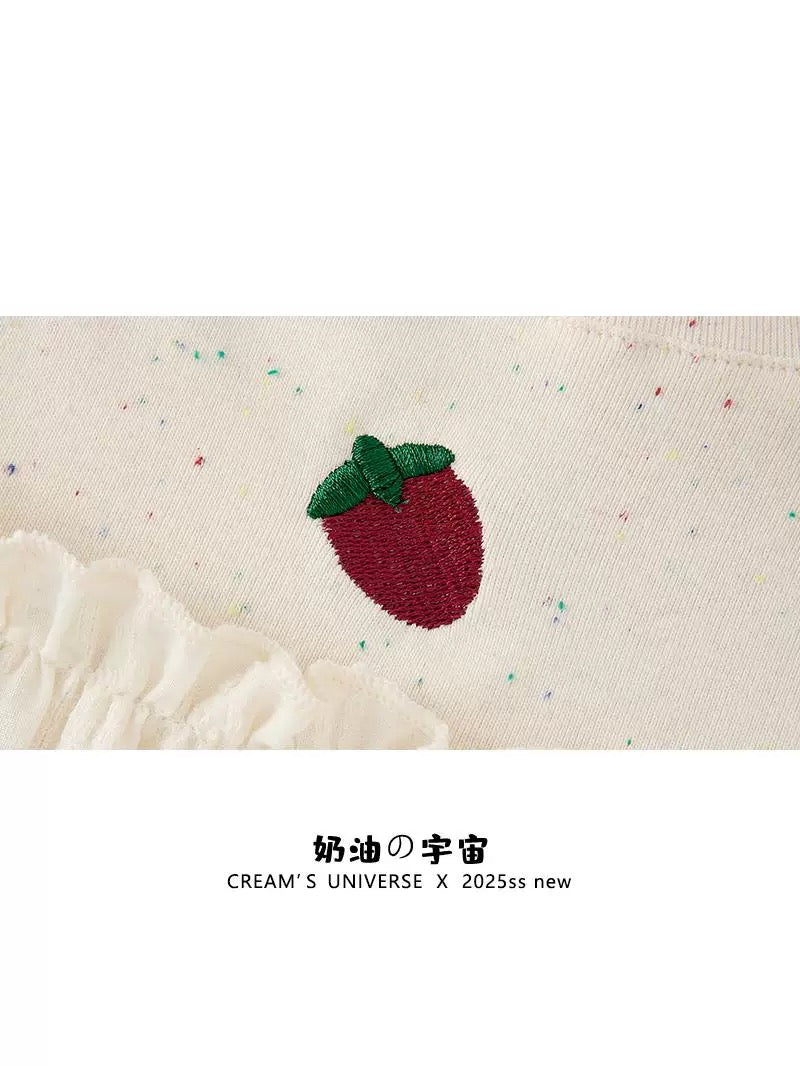 Cream Universe Sweet Girl Style Embroidered Strawberry Strap Fake Two-Piece Short-Sleeved T-Shirt Female Petite Baby Doll Shirt Top