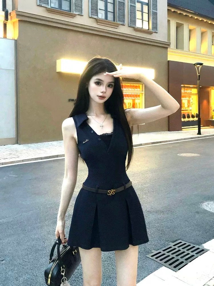 knee length dresses for ladies French pure desire hot girl sleeveless shirt dress women's design wais –  Lee Nhi Boutique