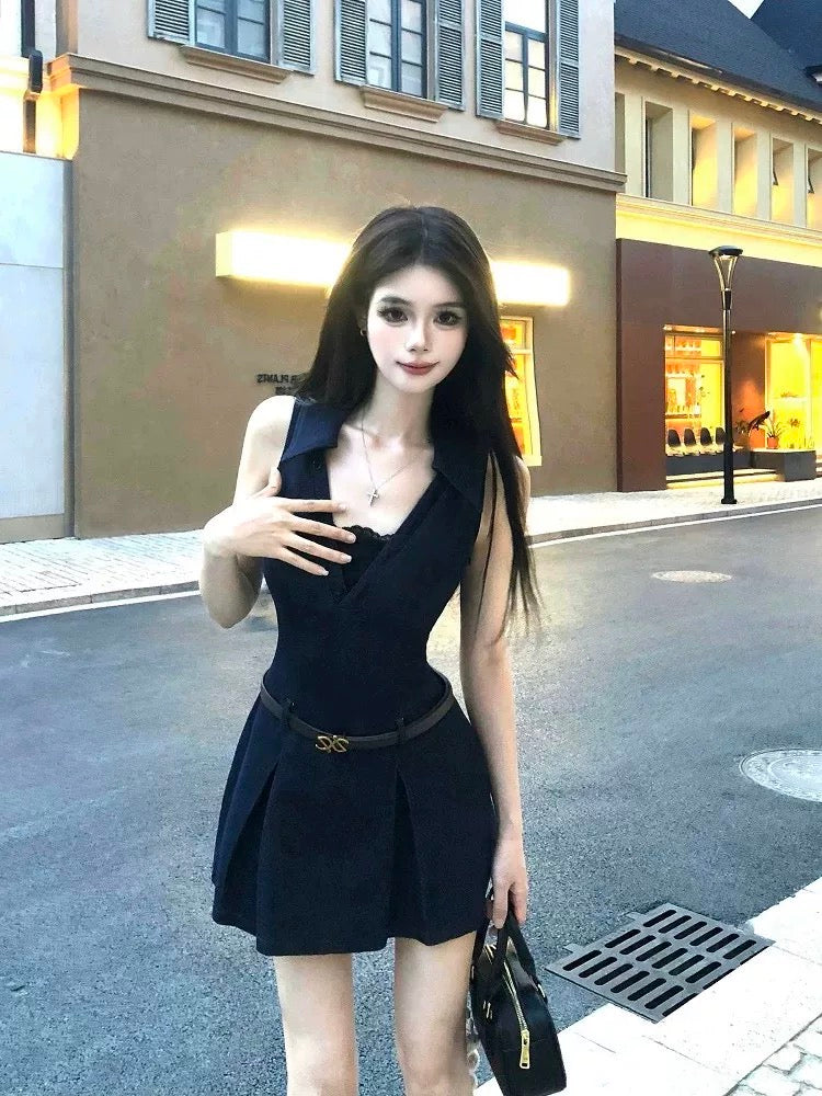 French pure desire hot girl sleeveless shirt dress women's design waist temperament lace splicing short skirt summer