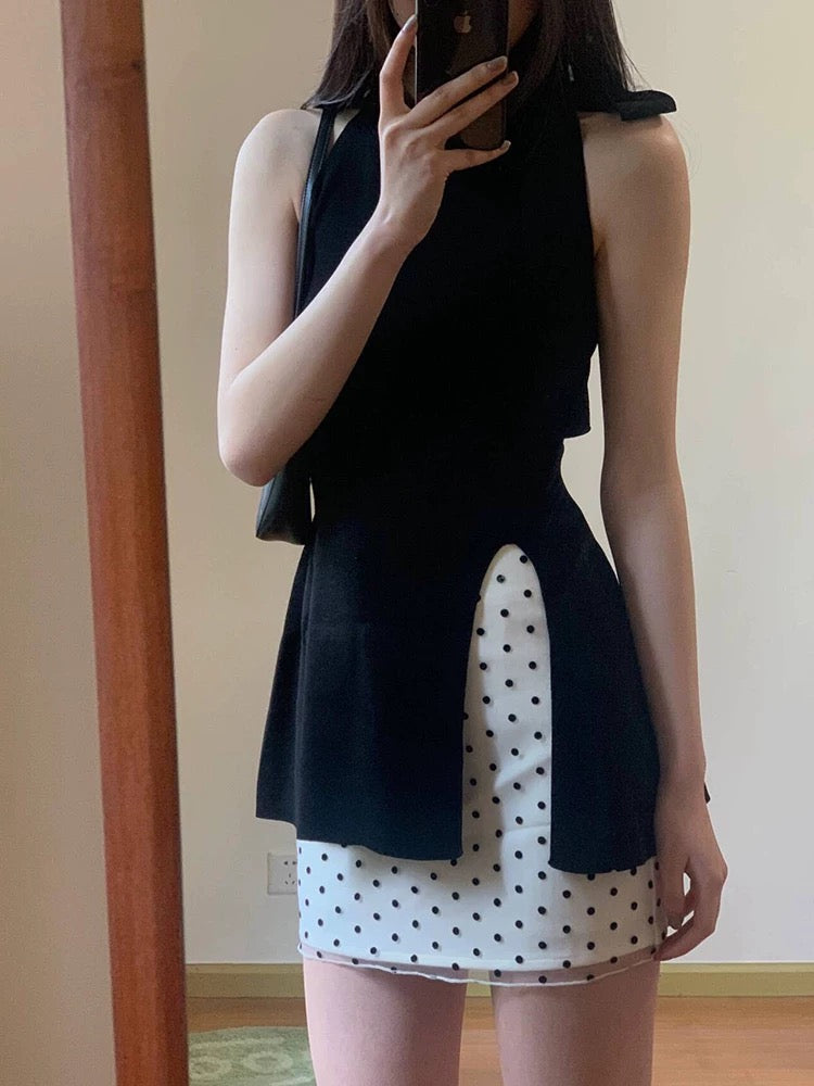 Polka dot skirt for women French halter neck bowknitted top short skirt two-piece suit summer 2025 new style