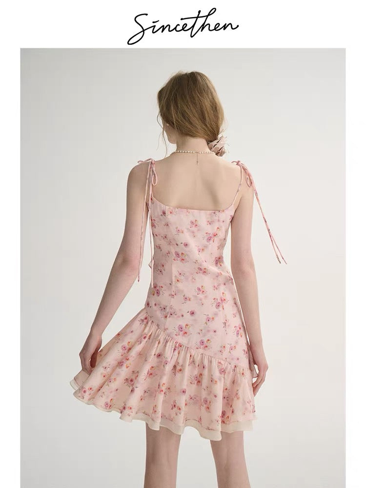 Sincethen French-style short slip dress, summer floral print dress, pink mini skirt for women, summer.