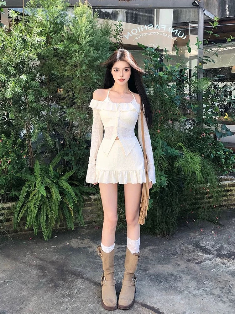 French pure desire hot girl lace cardigan top camisole mini skirt female designer dress set