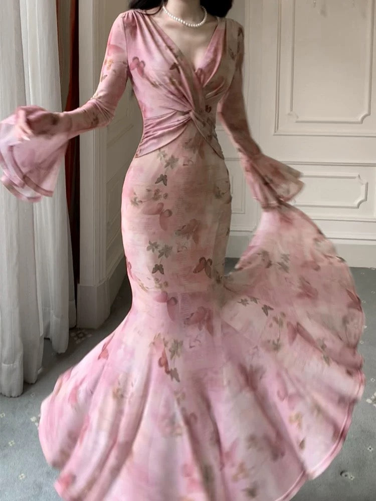 Good Job: 【Xiaomeng Midie】French Pink Light Luxury Floral Print Dress, Lotus Steps, Long Sleeve, Fishtail Skirt